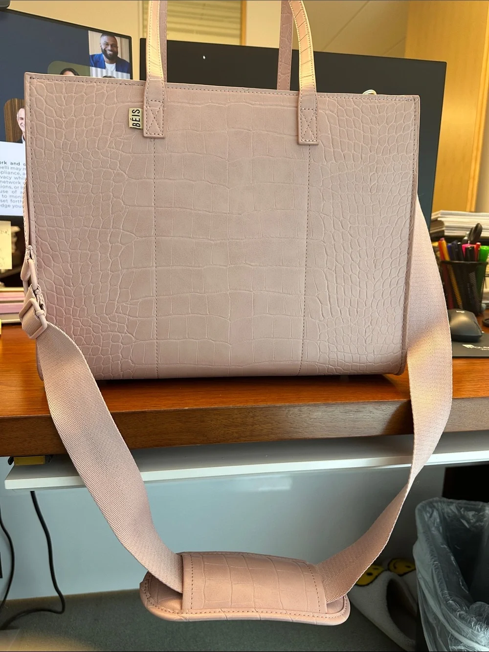 BEIS Blush Croc-Embossed Laptop Tote with Removable Strap
